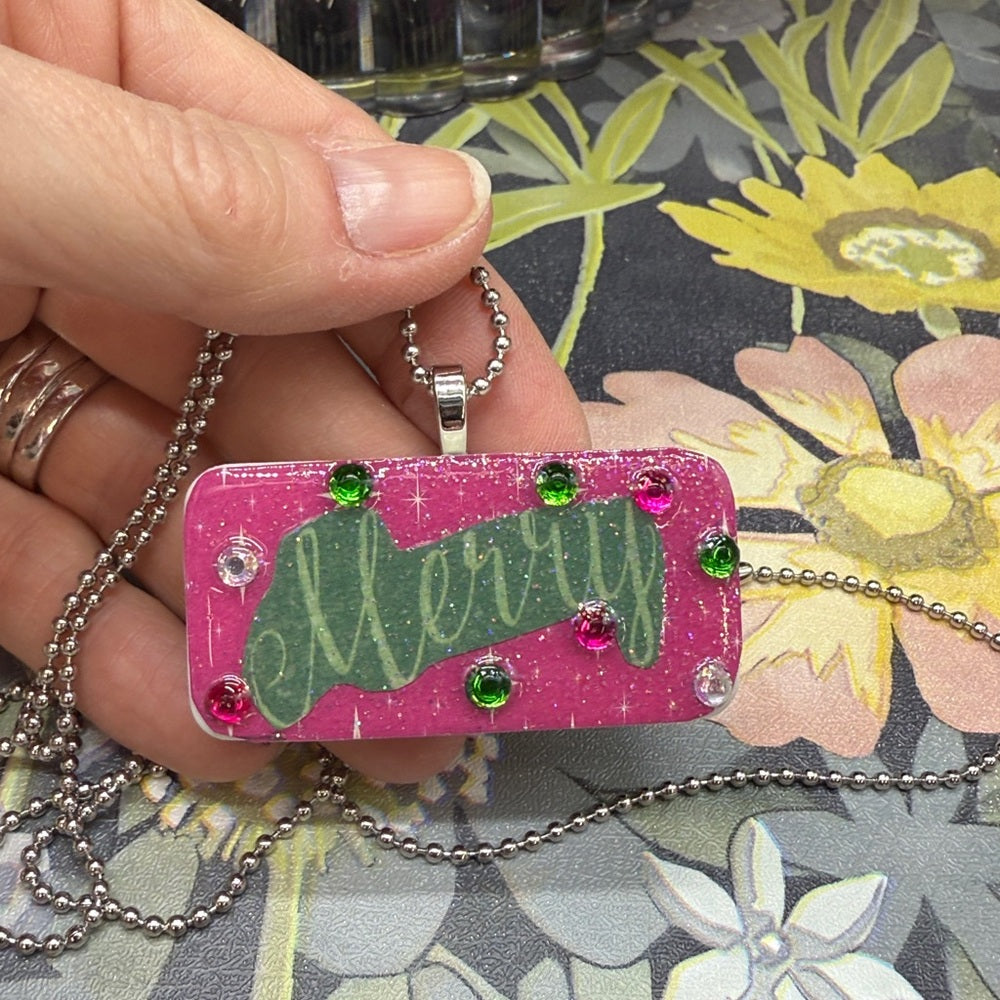 Adorned Crown Jewelry assemblage Christmas merry domino necklace