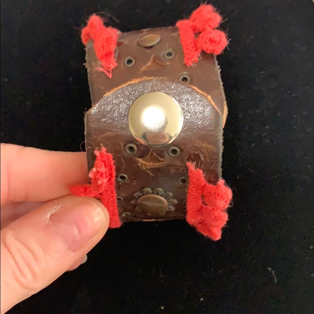 Adorned Crown artisan assemblage Vintage leather coral bling cuff bracelet