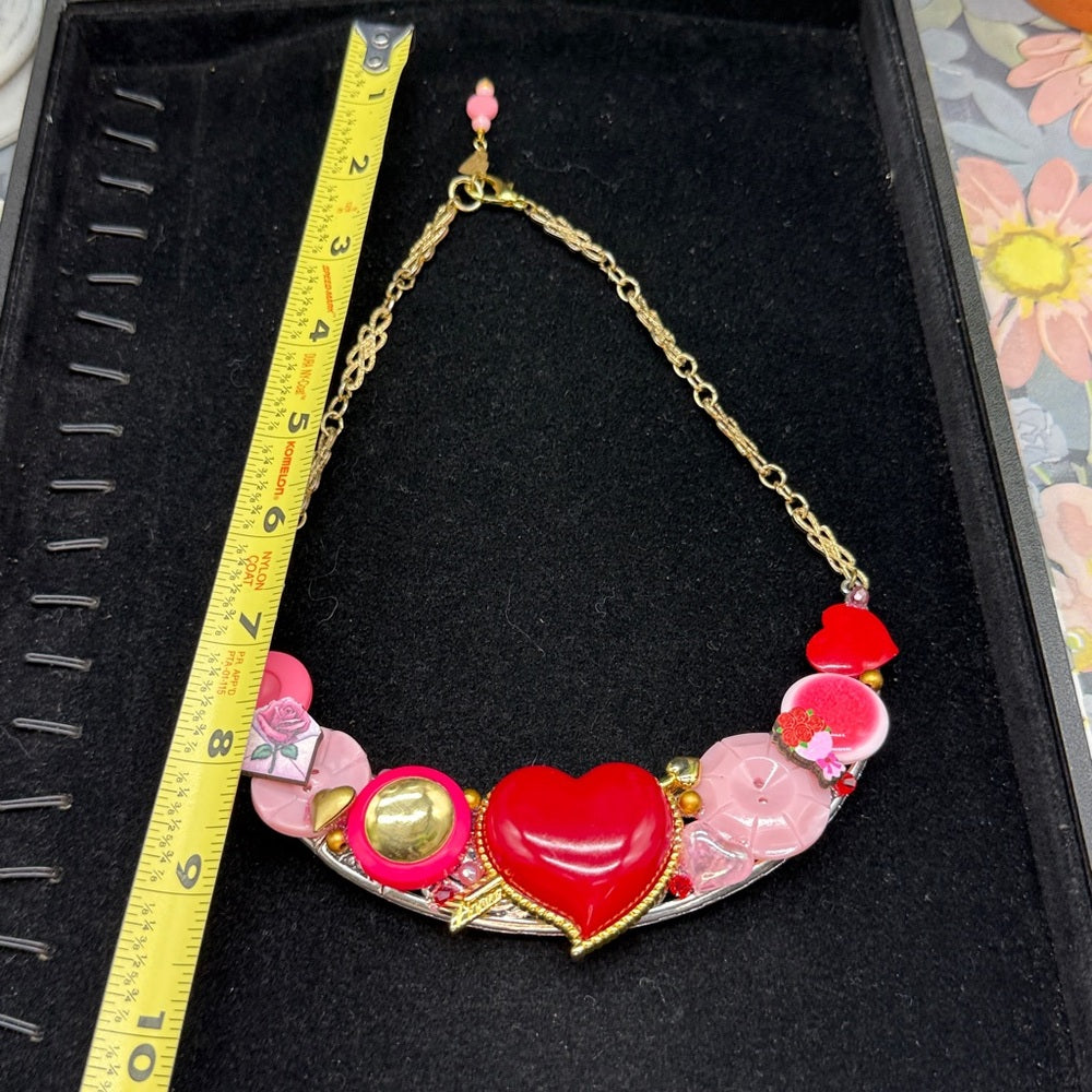 Adorned Crown Jewelry assemblage hearts ablaze pink red bib necklace
