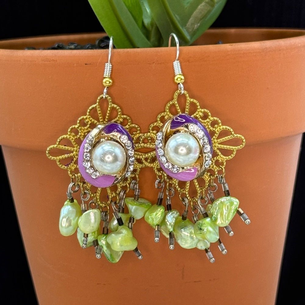 Adorned Crown Jewelry assemblage purple enamel green pearl filigree earrings