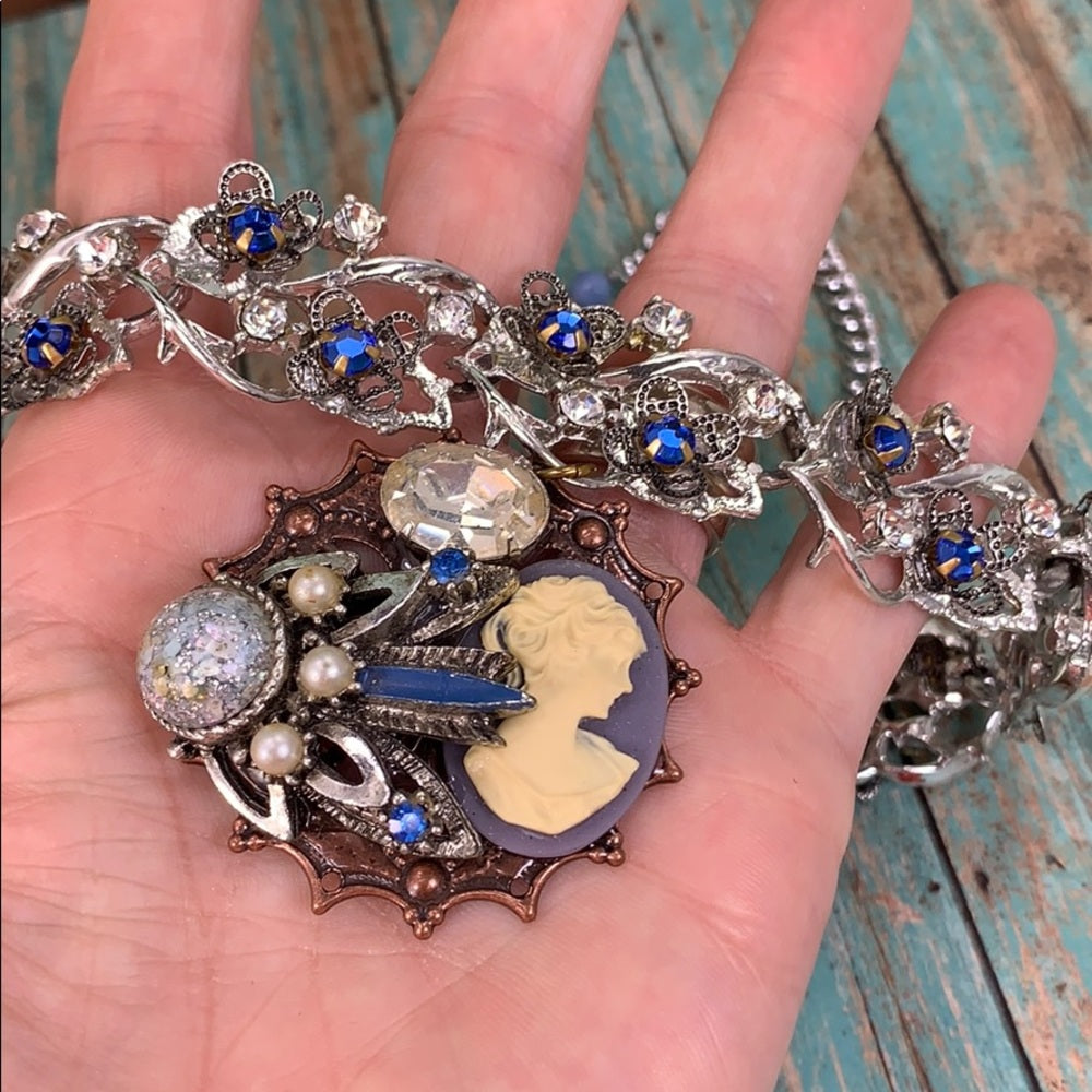 Adorned Crown Artisan assemblage “something blue” cluster rhinestone necklace