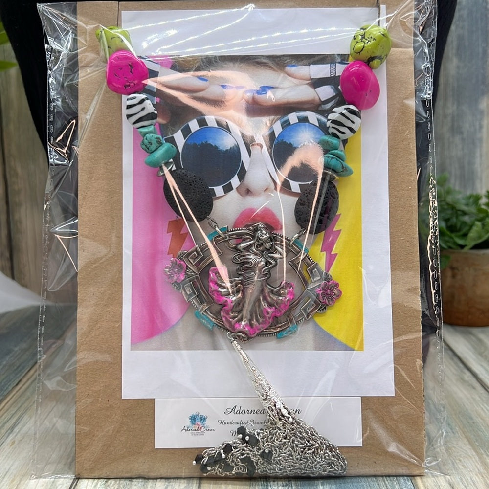 Adorned Crown Jewelry assemblage neon turquoise siren pendant tassel necklace