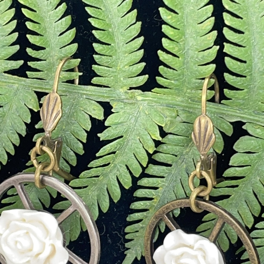 Adorned Crown assemblage steampunk gear white floral earrings
