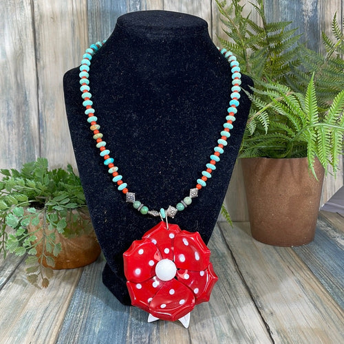 Adorned Crown Artisan assemblage enamel flower Turquoise silver necklace