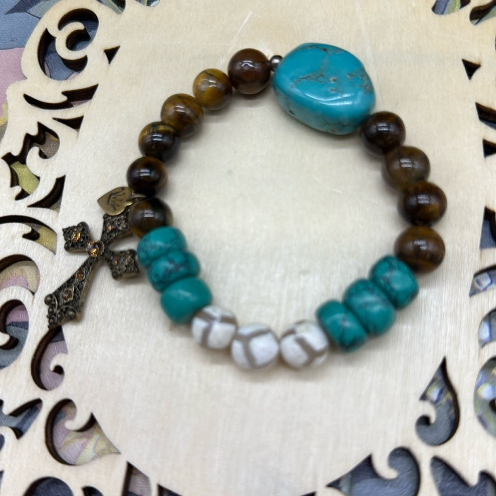 Adorned Crown Jewelry assemblage stretch beaded turquoise cross bracelet