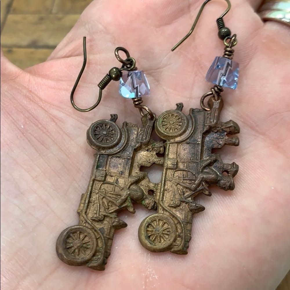 Adorned Crown artisan assemblage Vintage brass cars blue bead earrings
