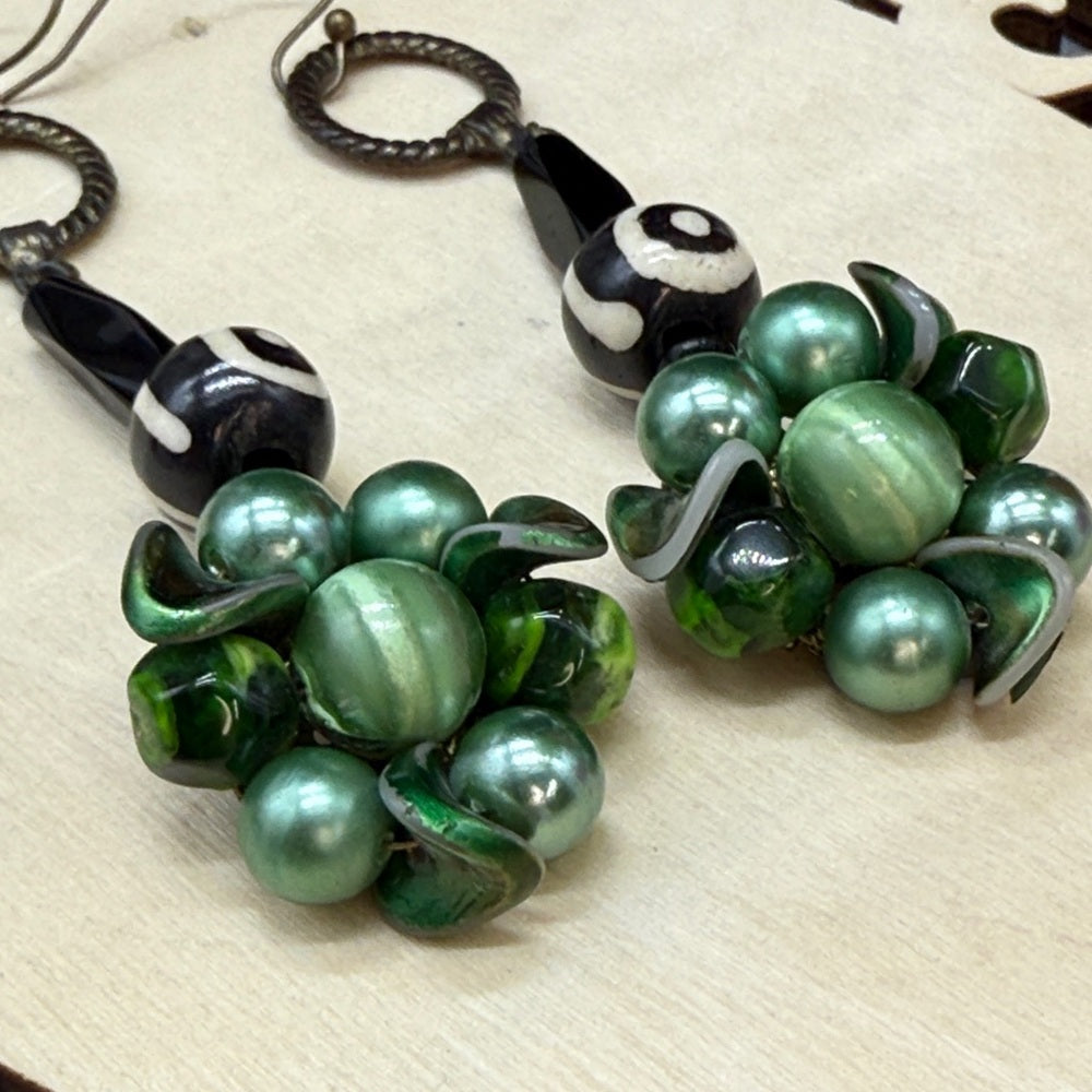Adorned Crown Jewelry assemblage green cluster bone drop long earrings