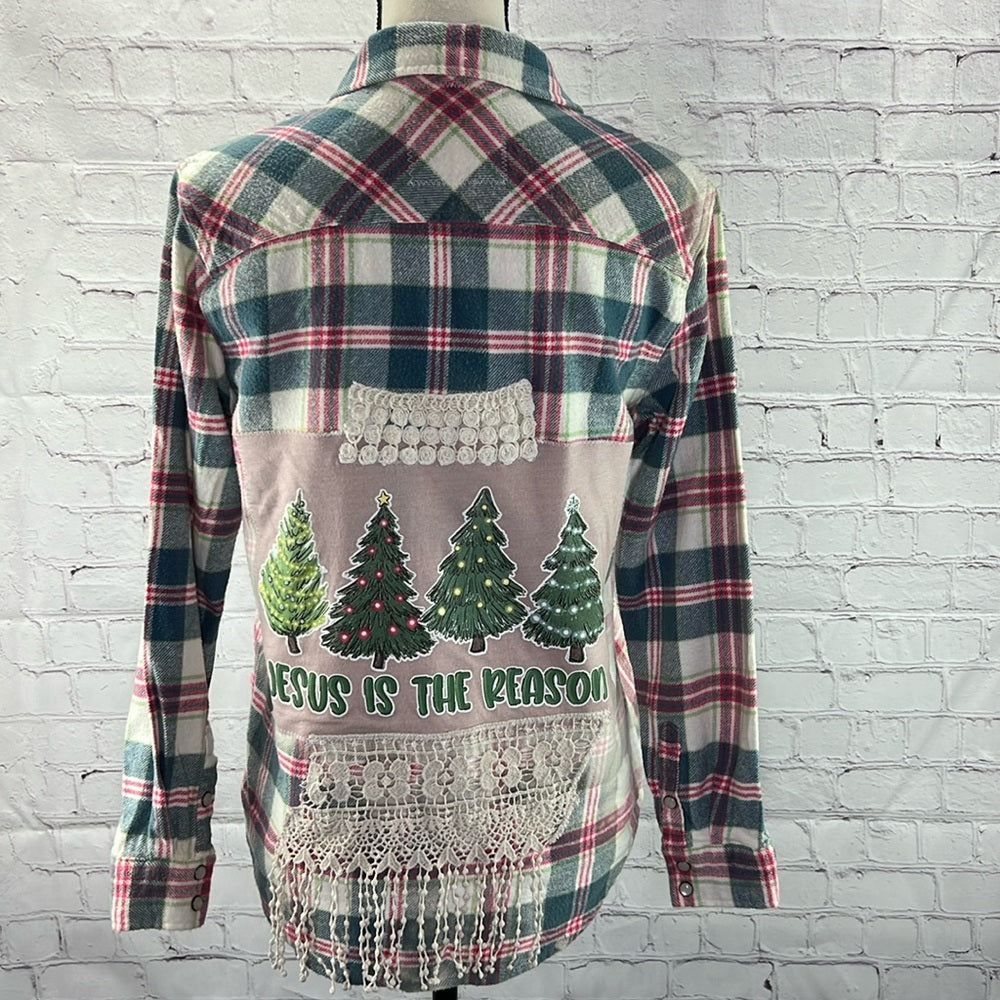 Adorned Crown Textiles altered flannel “Jesus is the reason…Season” size XS