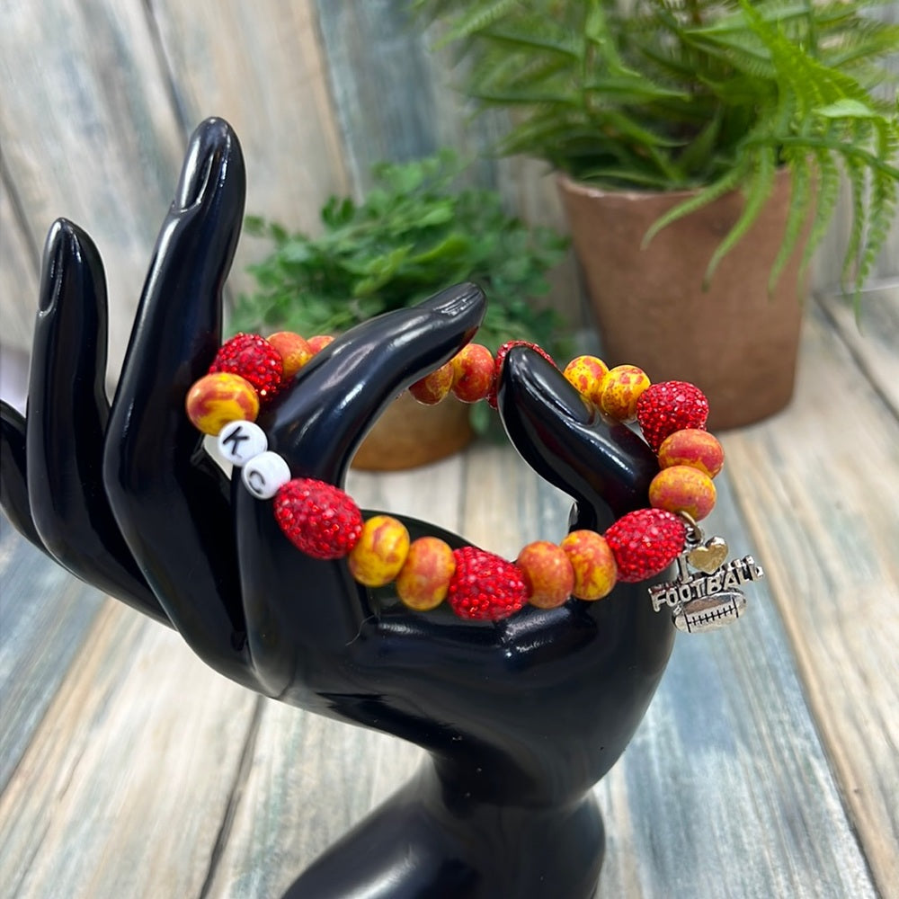 Adorned Crown Kansas City Chiefs KC football red gold stretch bracelet set G