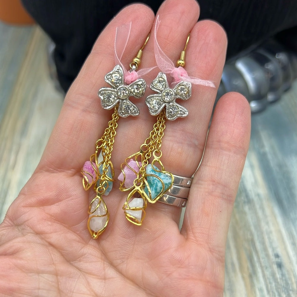 Adorned Crown Jewelry assemblage pink rhinestone bow triple stone earrings