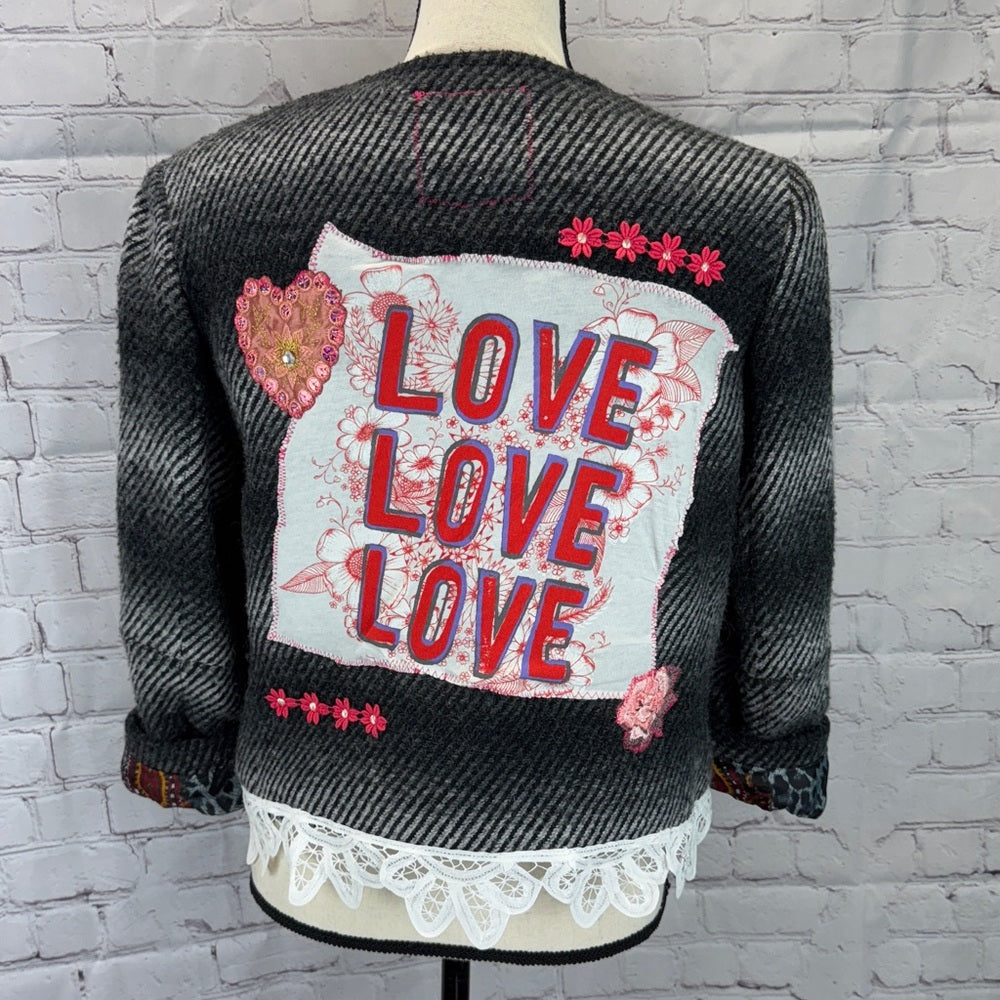 Adorned Crown Jewelry altered textile wool blend love love love jacket sz m/l