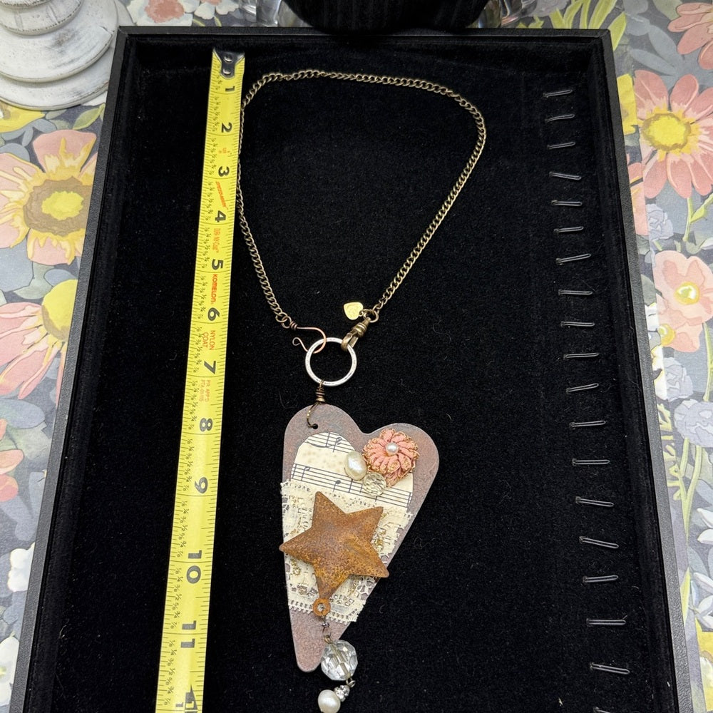 Adorned Crown Jewelry rusty heart star vintage music necklace
