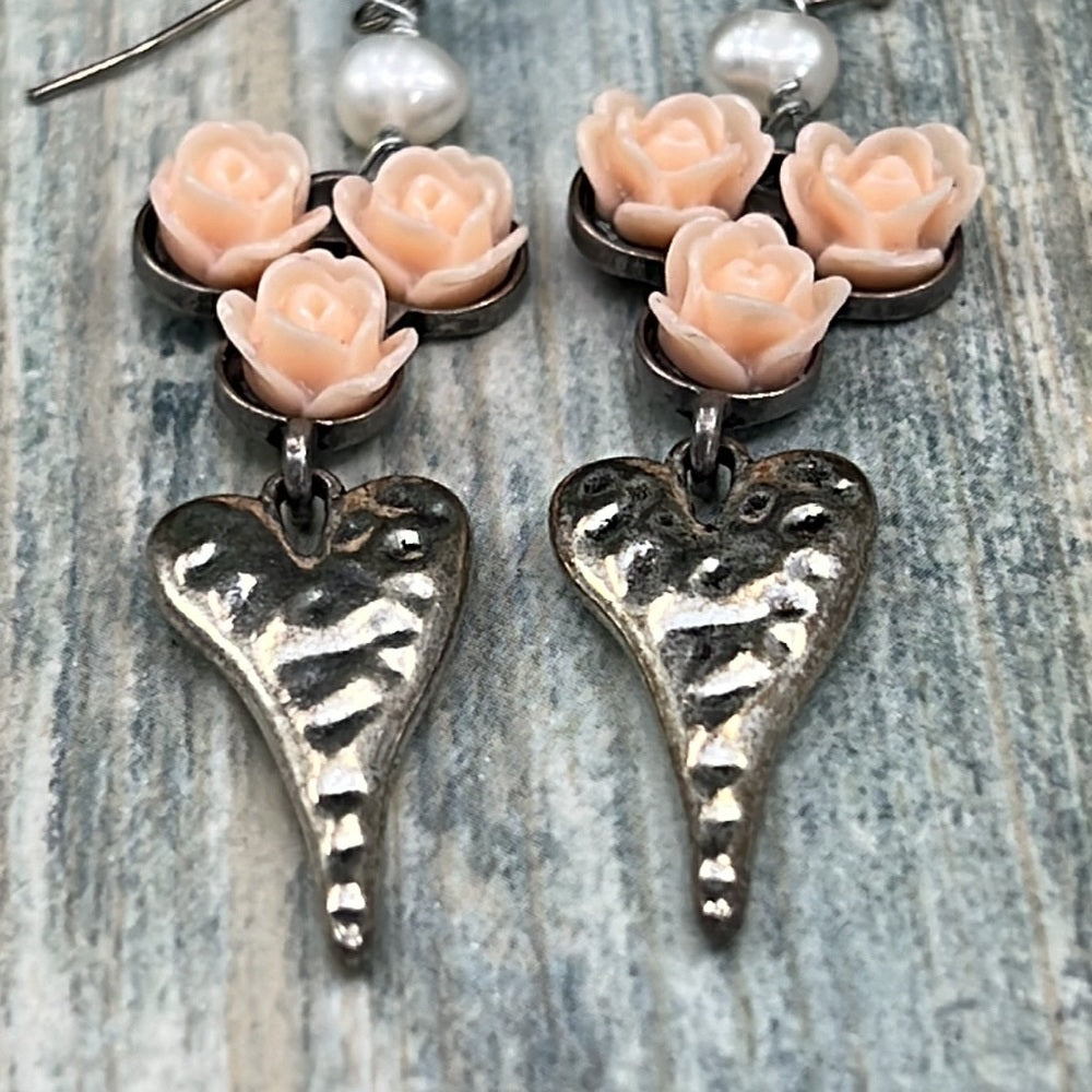 Adorned Crown Artisan Assemblage peach rose hammered heart Pearl earrings