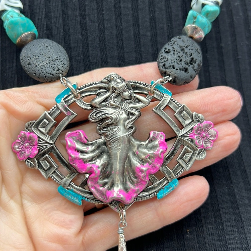 Adorned Crown Jewelry assemblage neon turquoise siren pendant tassel necklace