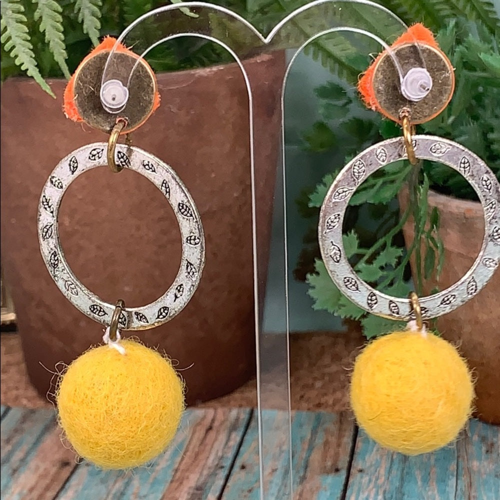 Adorned Crown artisan assemblage wool ball geometric textile earrings