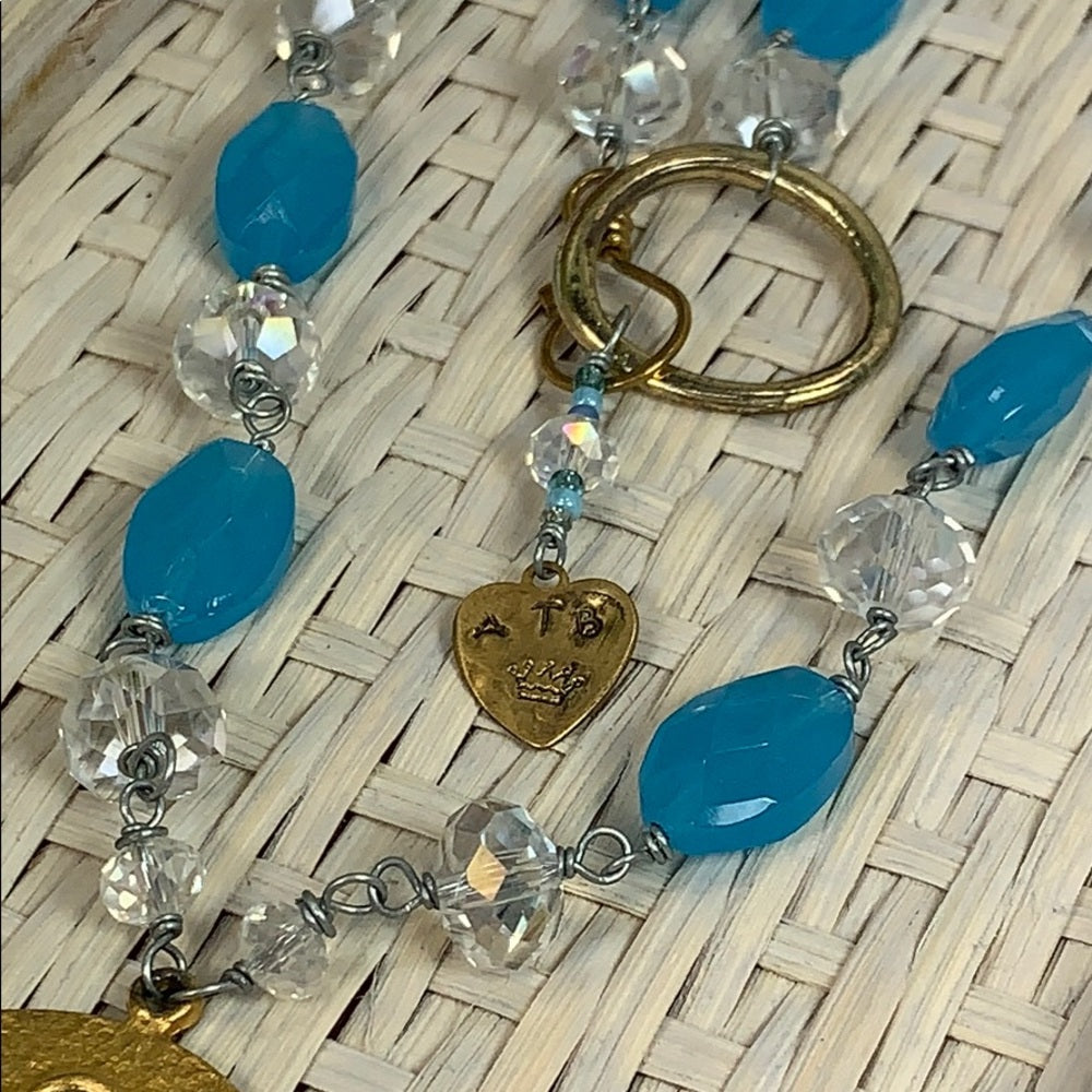 Adorned Crown artisan assemblage Religious medal glass bead necklace