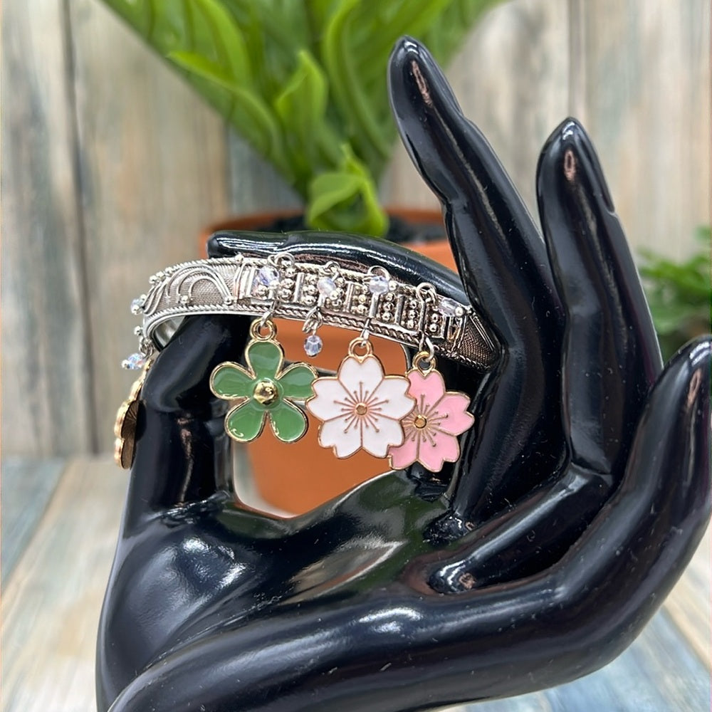 Adorned Crown Jewelry assemblage silver flower enamel charm bangle bracelet