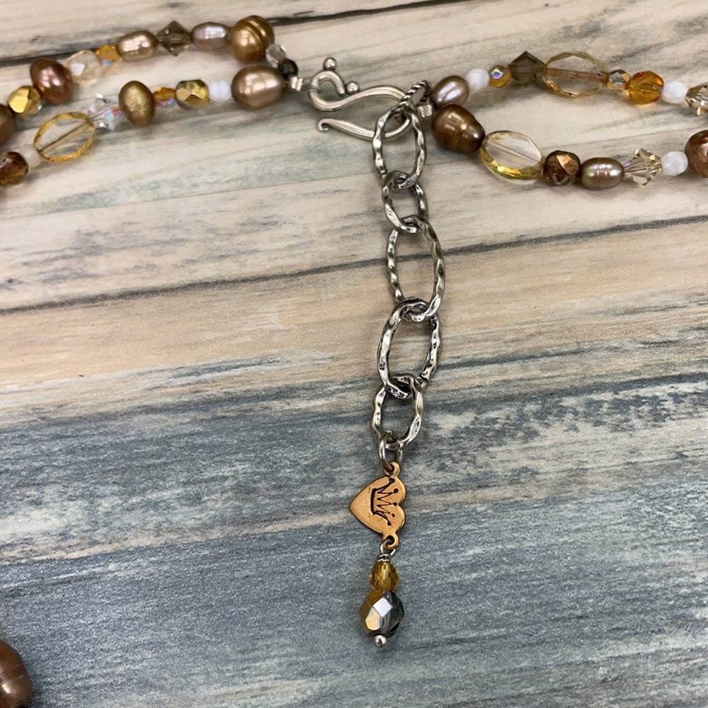Adorned Crown artisan assemblage shell Pearl beaded heart mother necklace