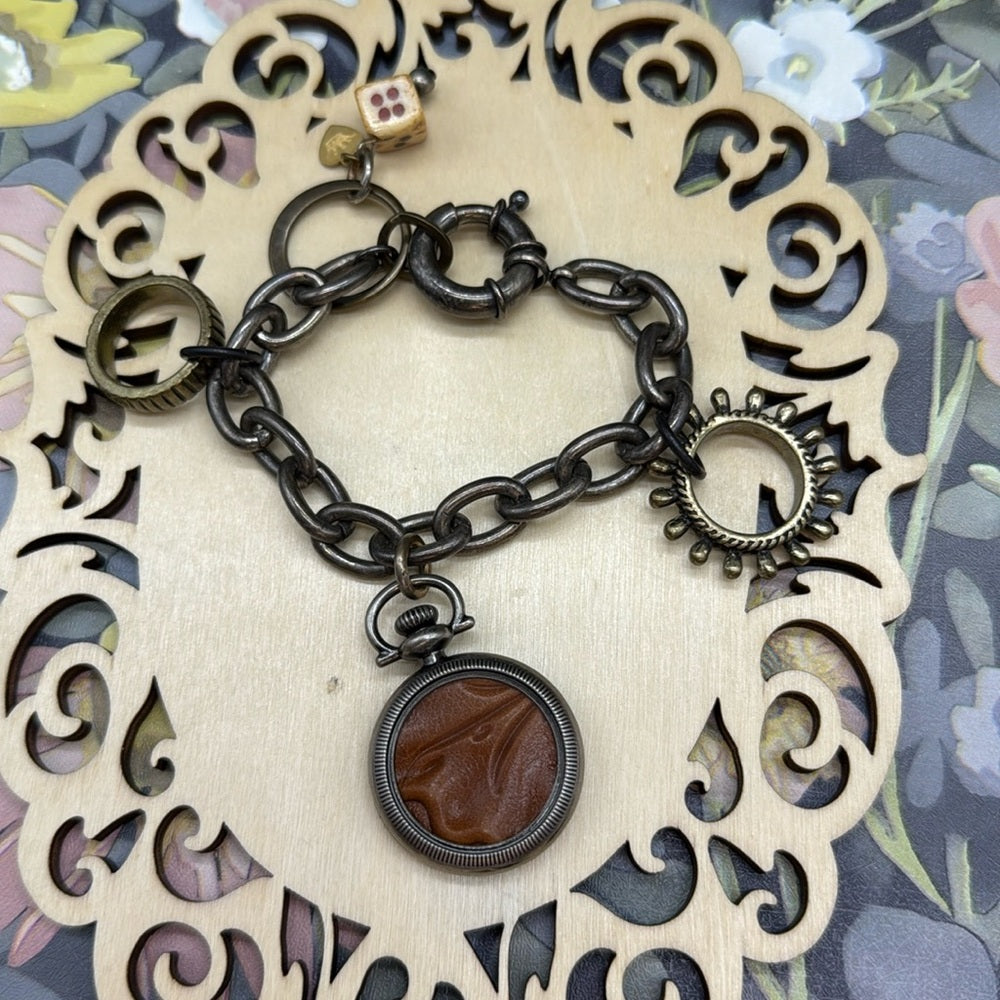 Adorned Crown Jewelry assemblage mixed metal leather steampunk charm bracelet