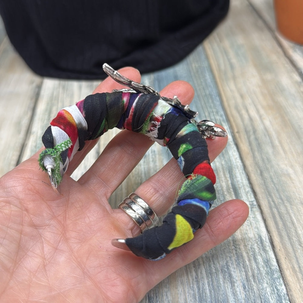 Adorned Crown Jewelry assemblage Hummingbird Multicolor Fabric cuff bracelet