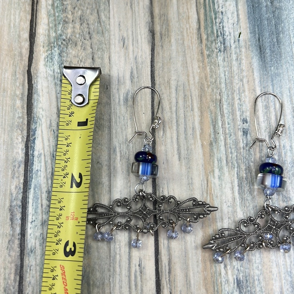Adorned Crown Artisan Assemblage blue bead filigree chandelier earrings