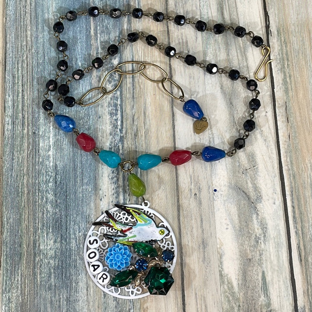 Adorned Crown Artisan assemblage necklace rosary stone soar enamel bird