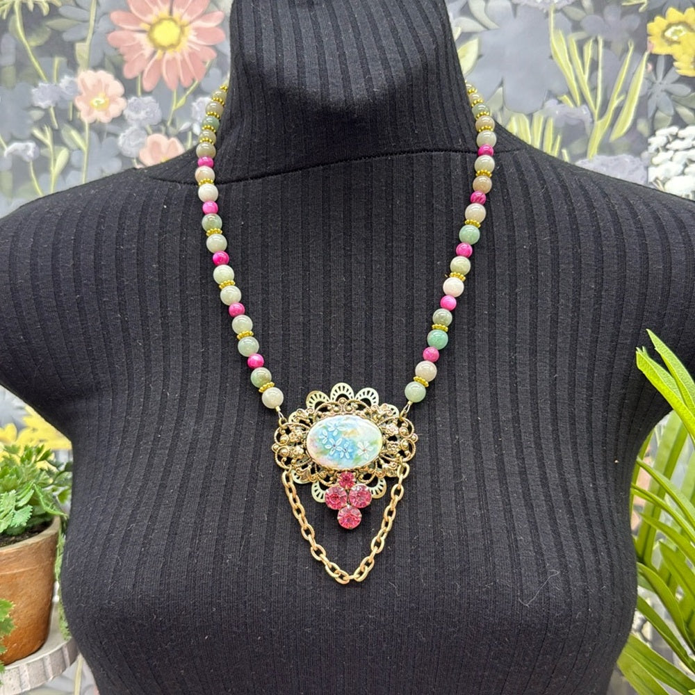 Adorned Crown Jewelry assemblage jade and mop bead porcelain floral necklace