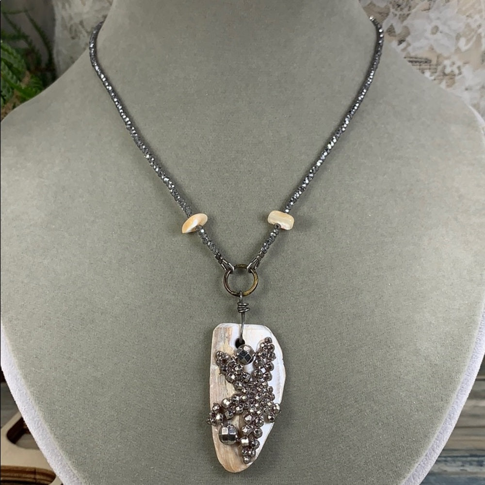 Adorned Crown artisan assemblage shell cut steel beaded minimal necklace