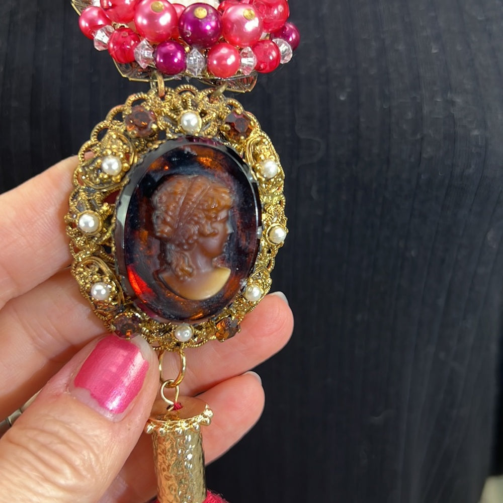 Adorned Crown Artisan Assemblage red cluster cameo silk sari tassel necklace