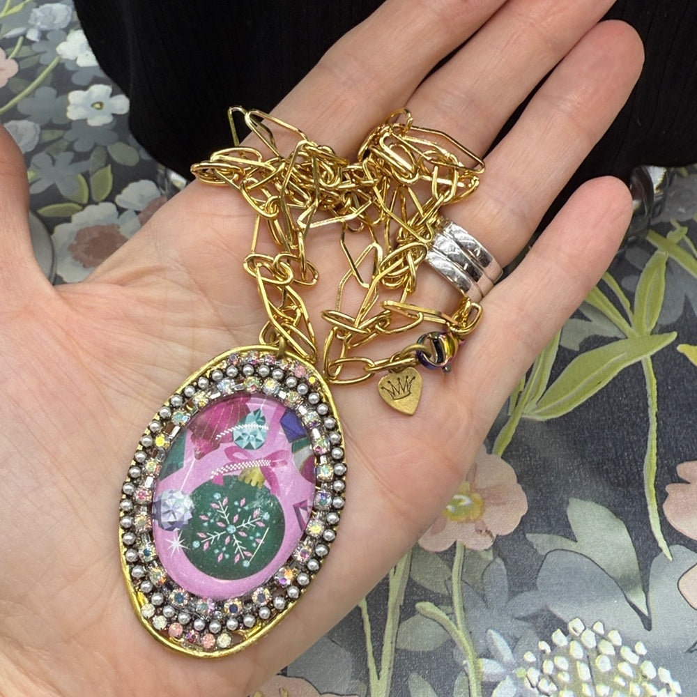 Adorned Crown Jewelry assemblage Christmas rhinestone bezel ornament necklace