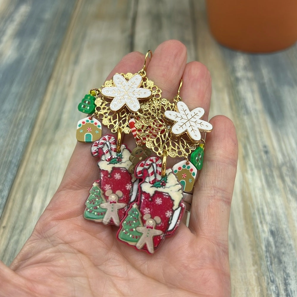 Adorned Crown Jewelry assemblage Christmas gingerbread drink earrings