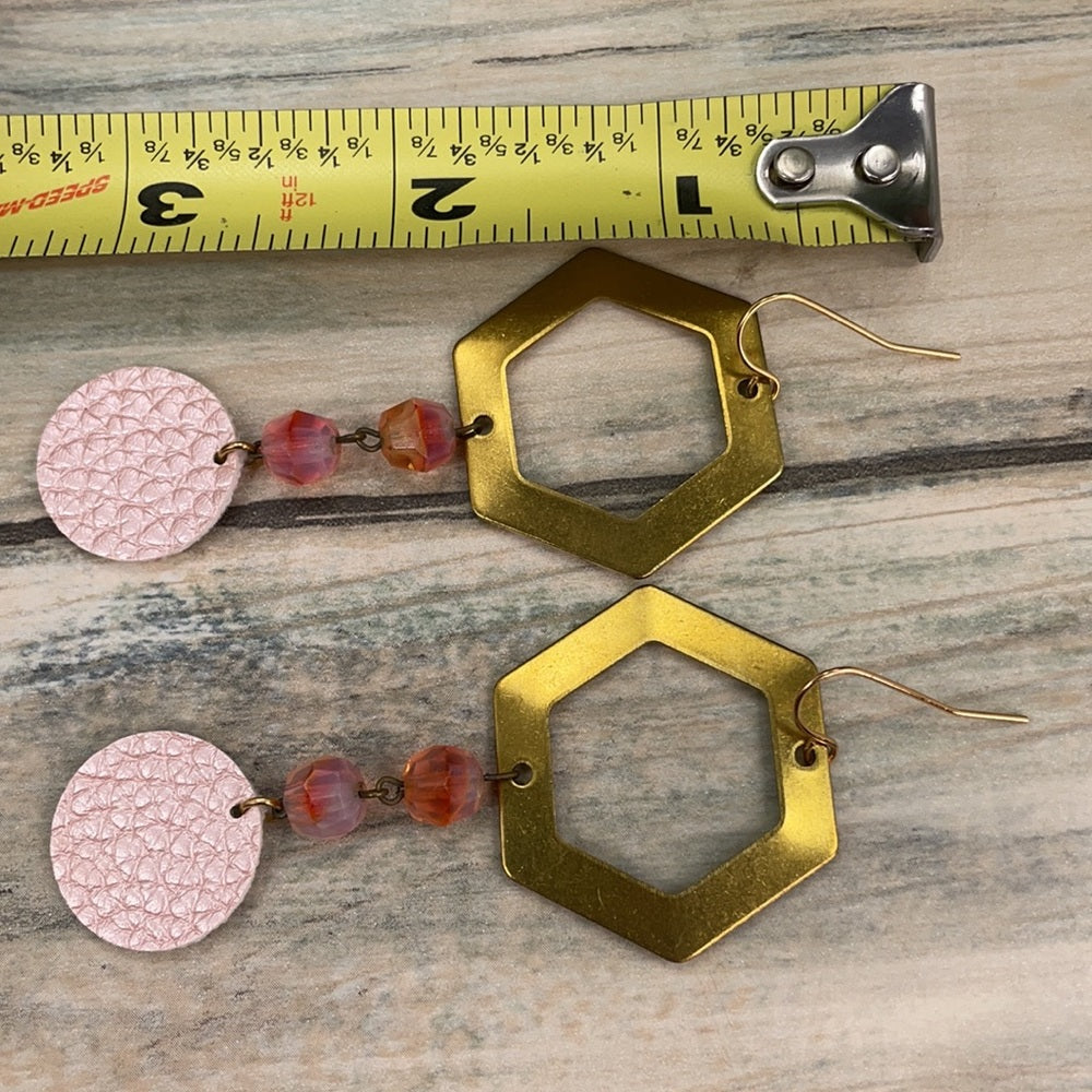 Adorned Crown assemblage hexagon leather pink drop earrings
