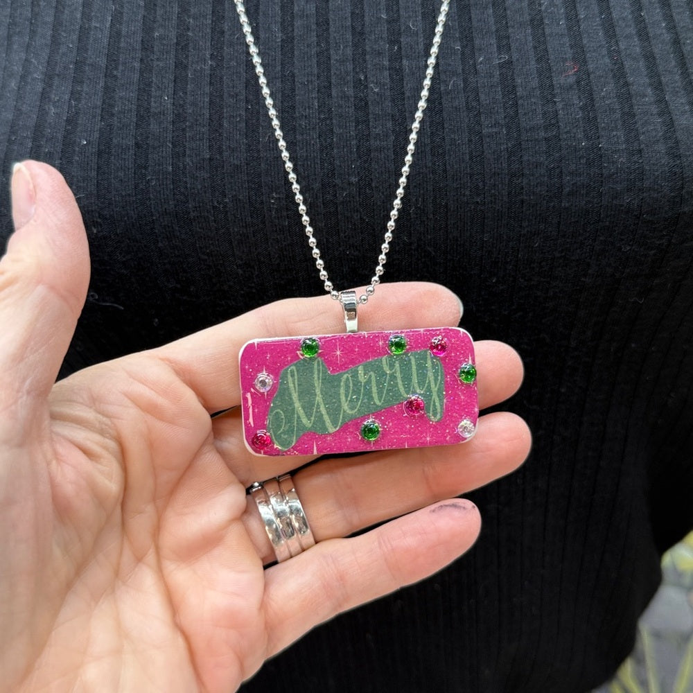 Adorned Crown Jewelry assemblage Christmas merry domino necklace