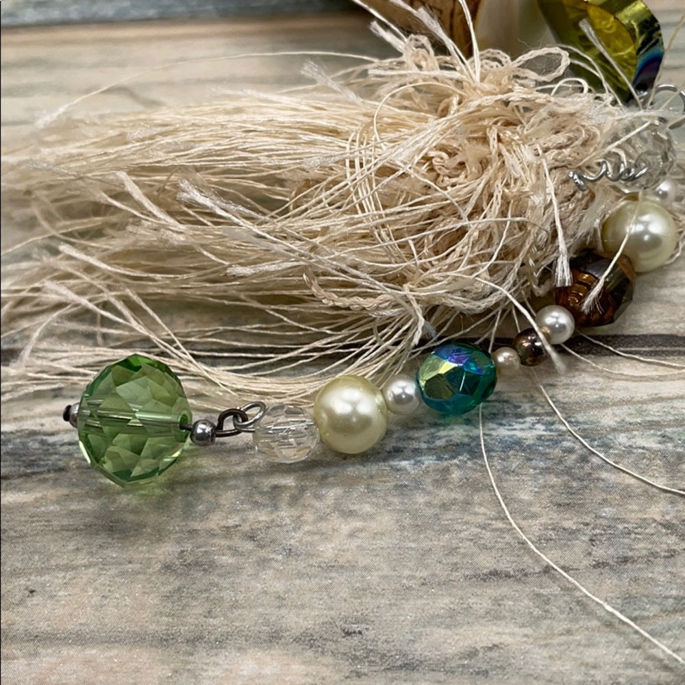 Adorned Crown artisan assemblage wine cork ornament green bead & tassel