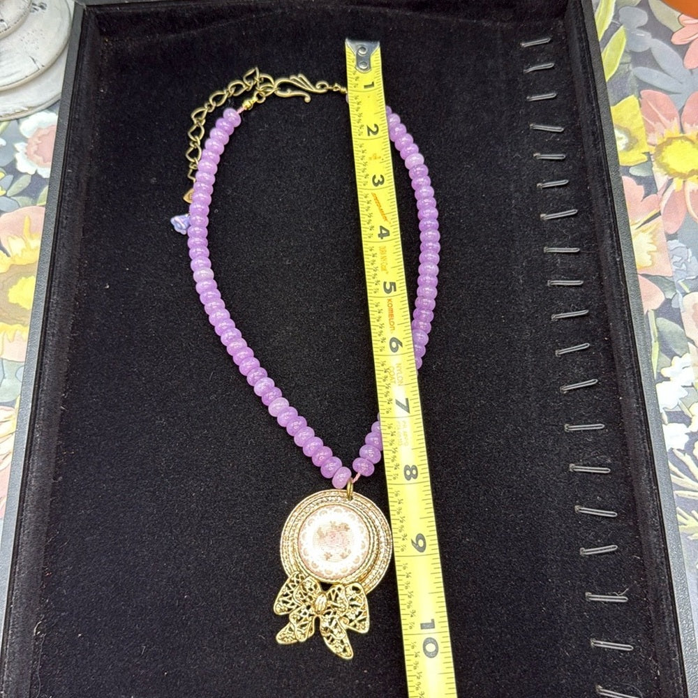 Adorned Crown Jewelry assemblage purple quartz cross stitch bonnet necklace