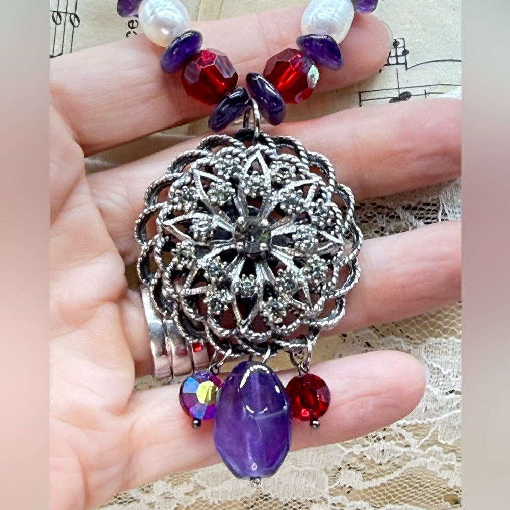 Adorned Crown Jewelry assemblage amethyst pearl red crystal pendant necklace