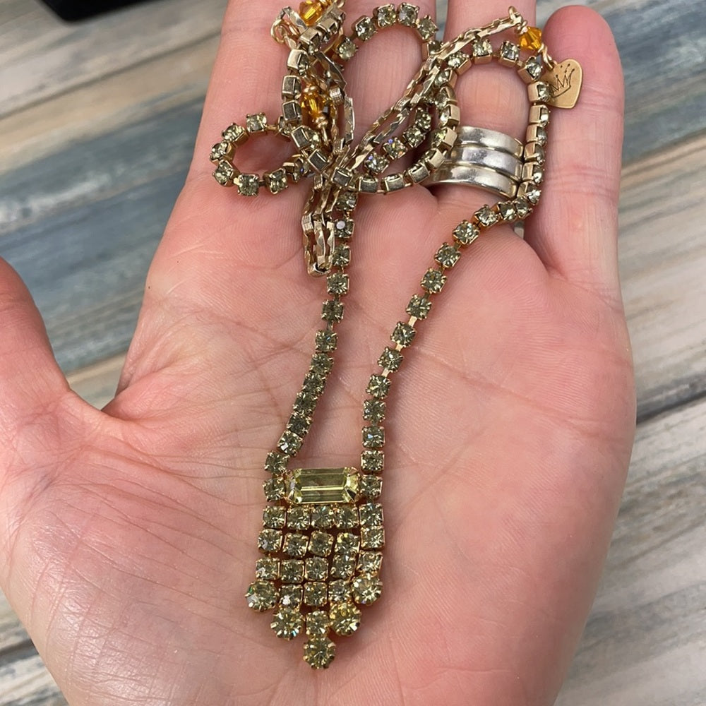 Adorned Crown artisan assemblage vintage yellow petite rhinestone necklace