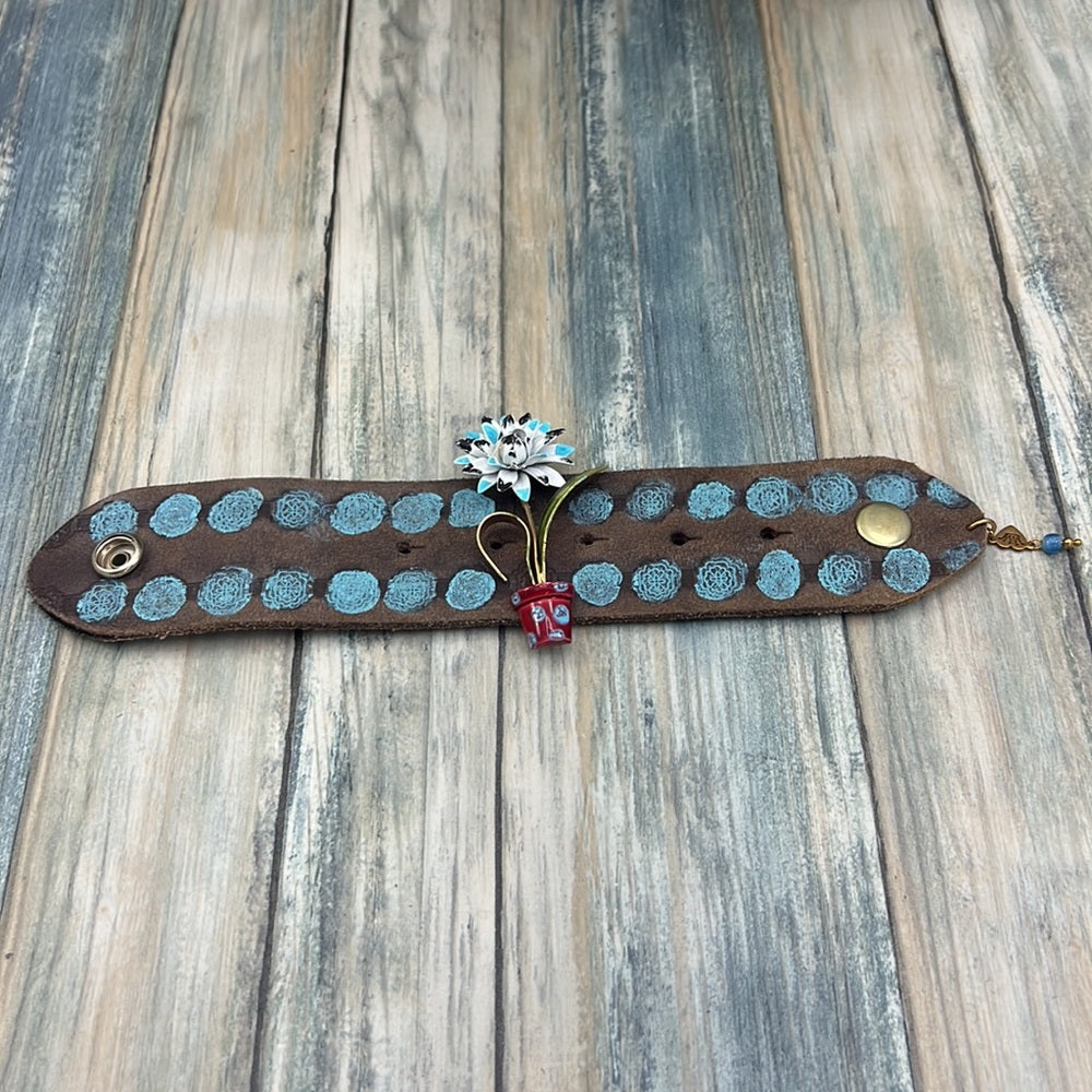 Adorned Crown enamel flower blue dot artisan assemblage leather bracelet