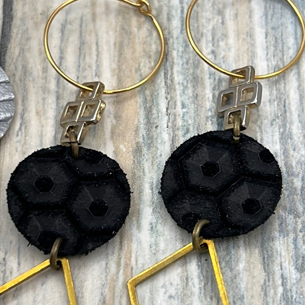 2 pair Adorned Crown Artisan Assemblage leather gray gold charm earrings