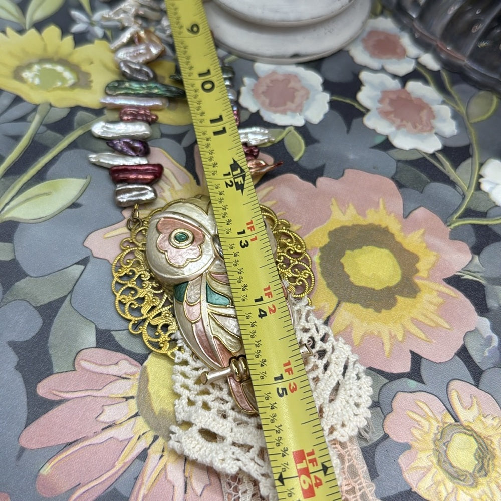 Adorned Crown Jewelry assemblage enamel owl tassel pearl boho long necklace