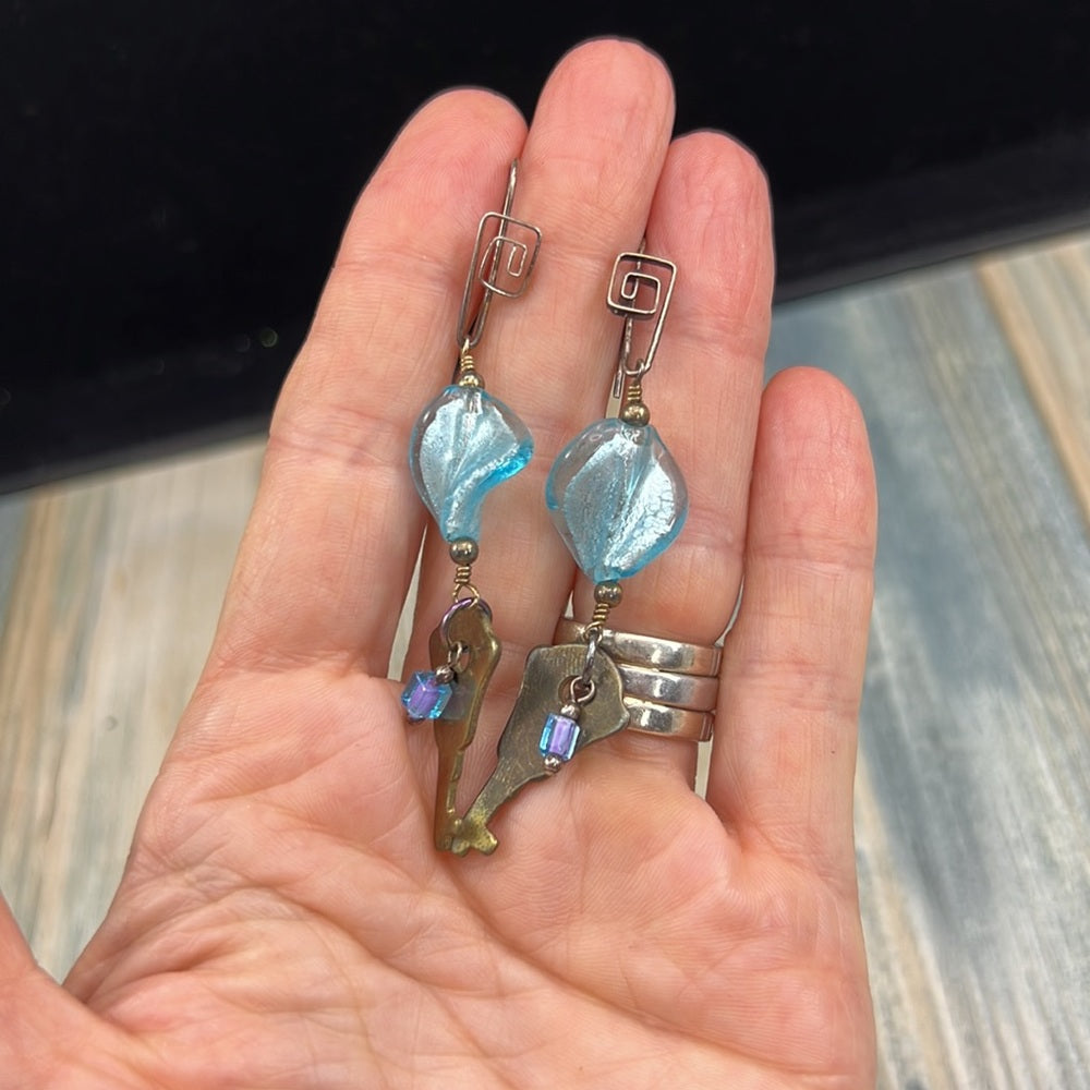 Adorned Crown Artisan Assemblage swirl bead key sterling wire earrings