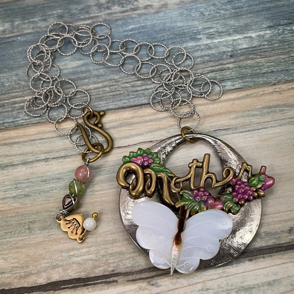 Adorned Crown Artisan Assemblage mother shell butterfly necklace