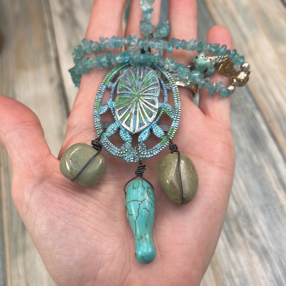 Adorned Crown necklace artisan assemblage fluorite turquoise stone & metal