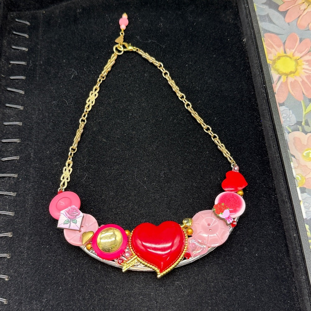 Adorned Crown Jewelry assemblage hearts ablaze pink red bib necklace