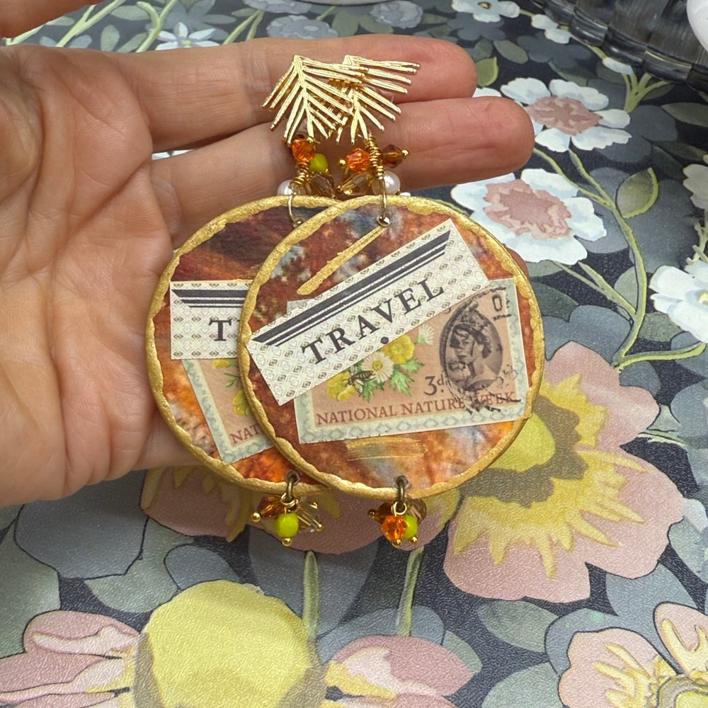 Adorned Crown Jewelry assemblage wood disc travel fall post statement earrings