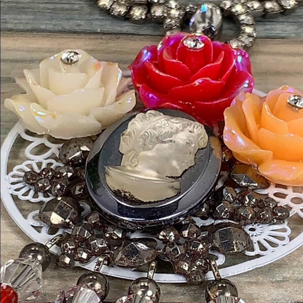 Adorned Crown artisan assemblage red cameo cluster crystal necklace