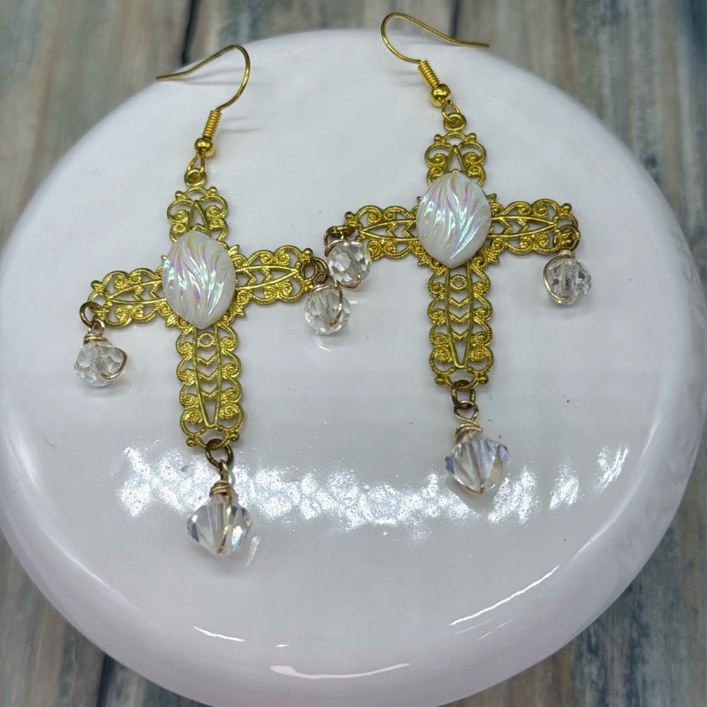 Adorned Crown Jewelry assemblage filigree cross with Czech glass and crystals
