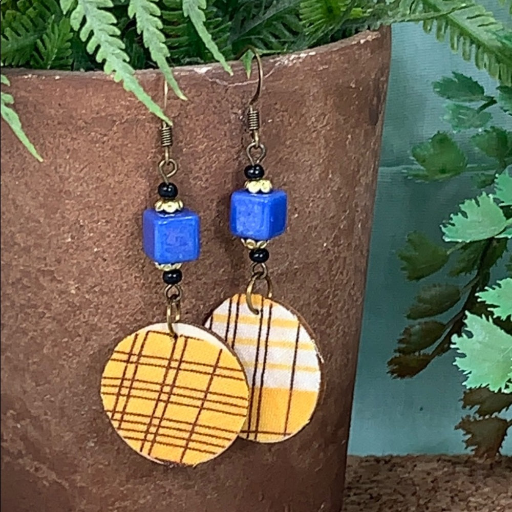 Adorned Crown vintage fabric wood disc earrings Yellow brown lightweight