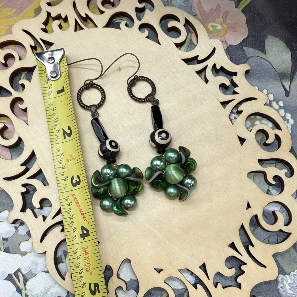 Adorned Crown Jewelry assemblage green cluster bone drop long earrings