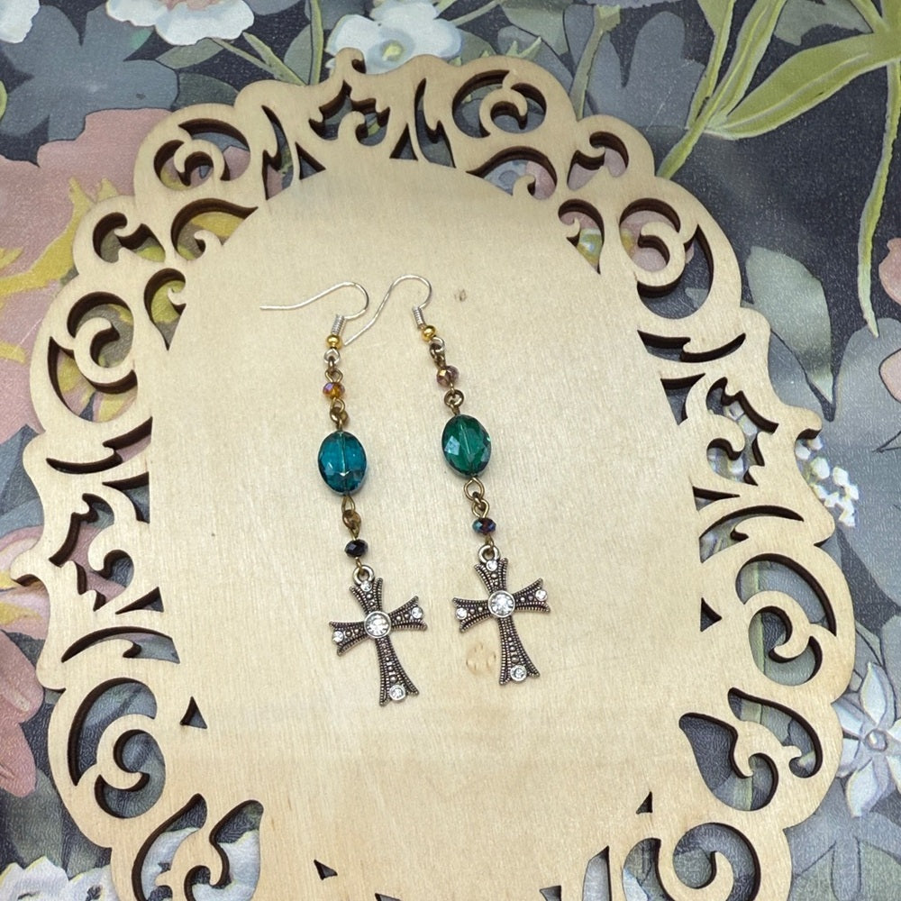Adorned Crown Jewelry assemblage green crystal bead cross long earrings